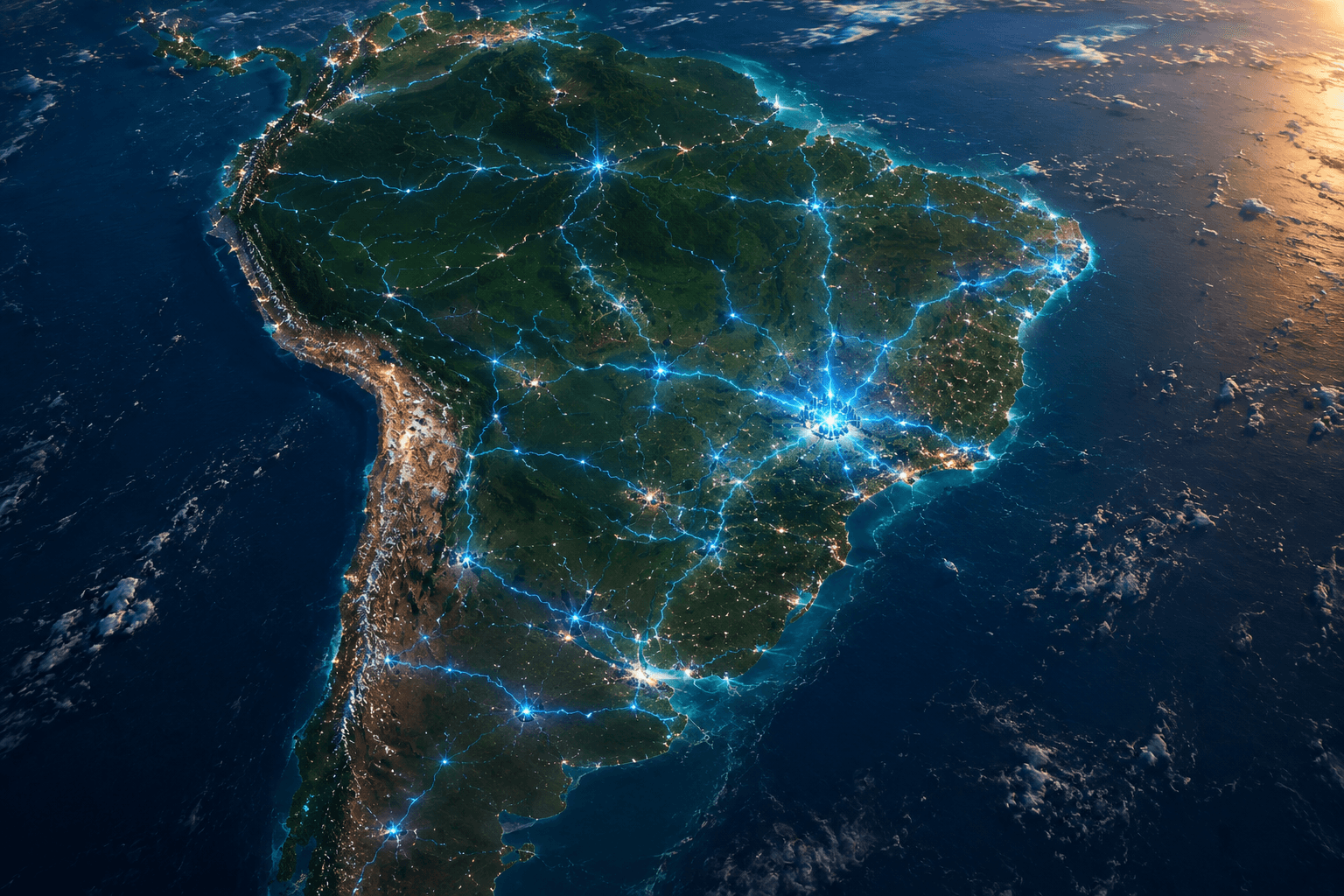 South America at night from space, lit by a glowing energy grid across Brazil