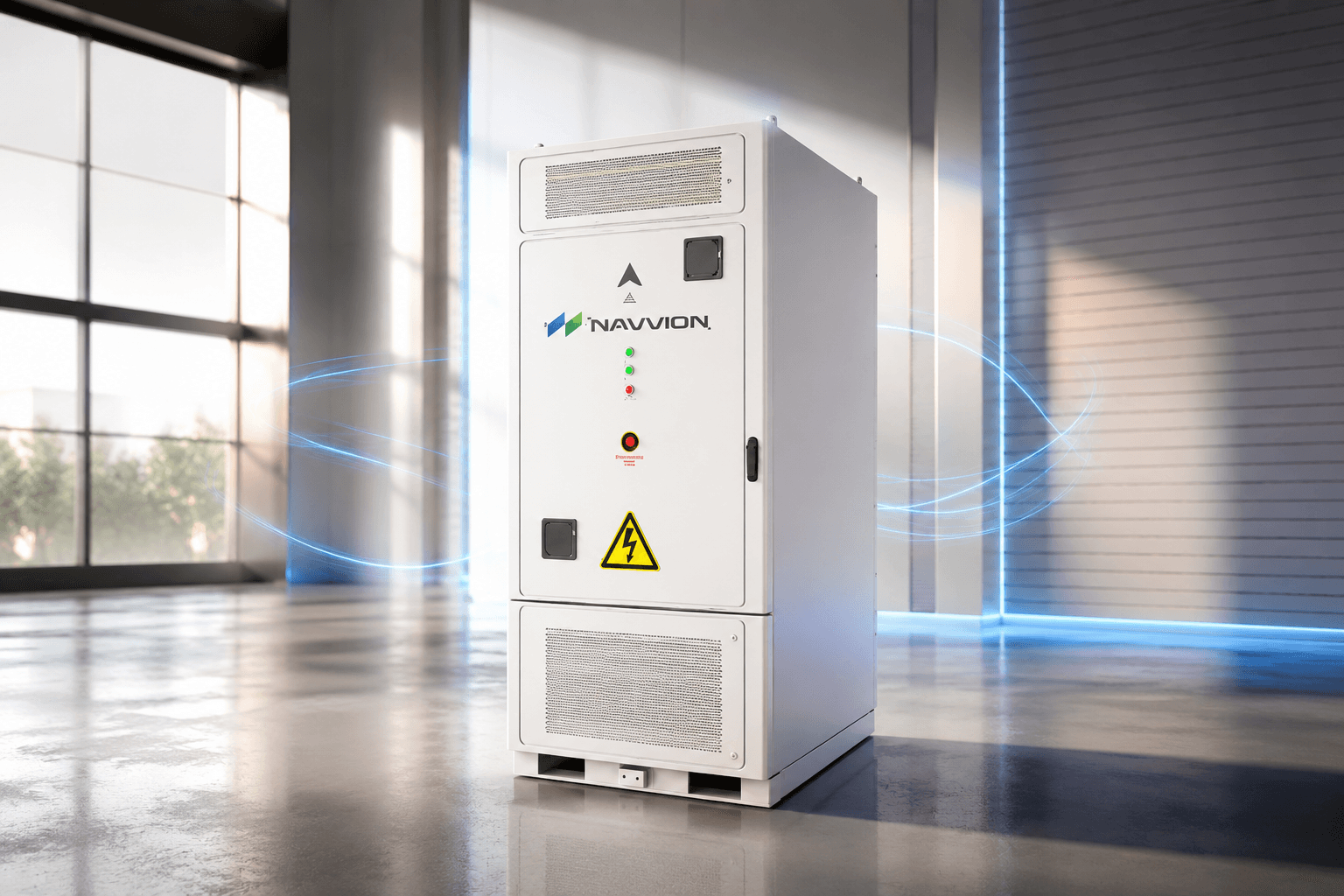 Navvion commercial & industrial battery storage cabinet in a bright industrial hall