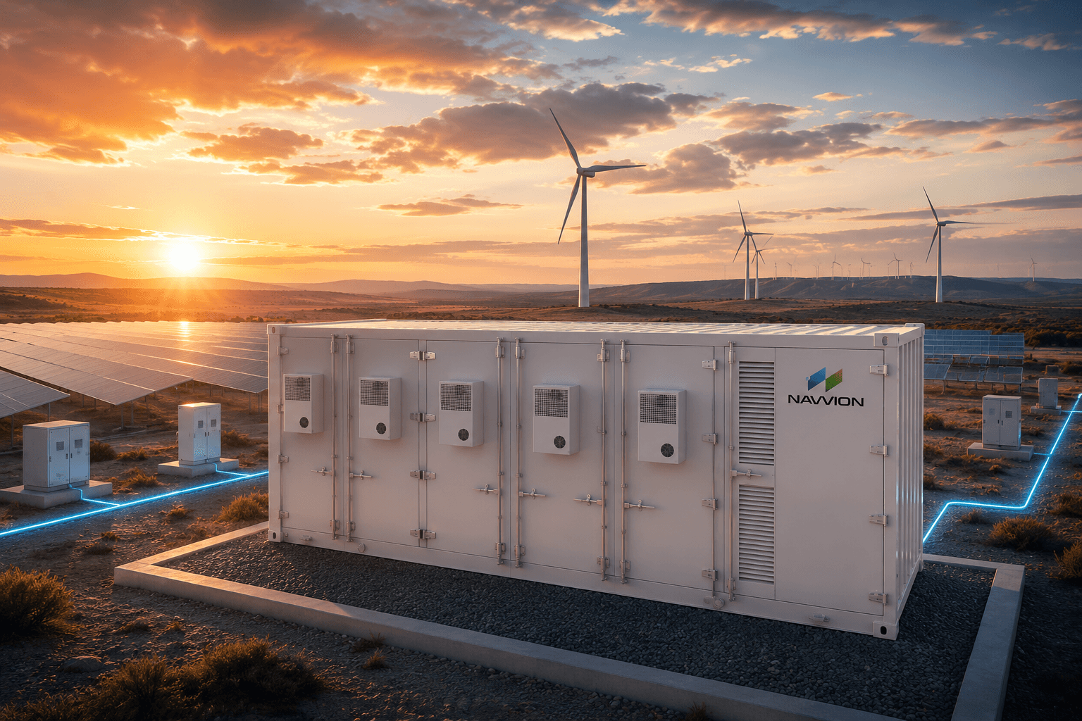 Navvion 20-foot containerized battery energy storage system at a solar and wind site at sunset