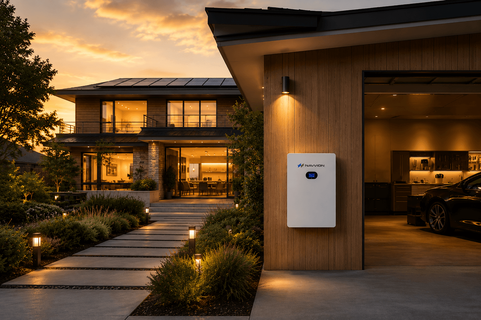 Navvion residential battery unit mounted on a modern home at dusk