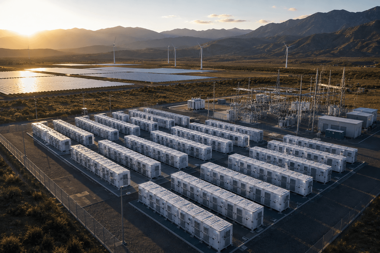 Rows of Navvion battery storage containers at a utility-scale solar and wind site at sunset
